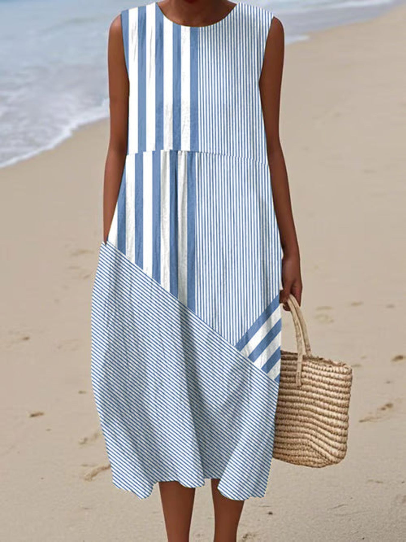 Full Size Round Neck Sleeveless Casual Midi Dress Plus Size