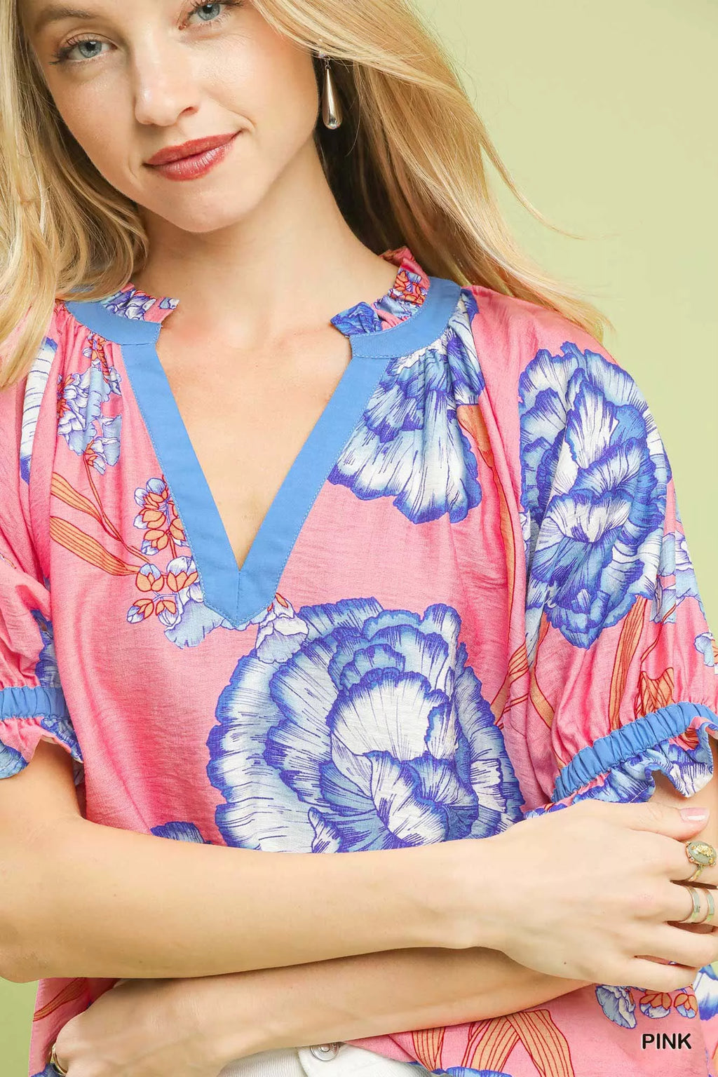Umgee Floral V-Neck Puff Sleeve Blouse
