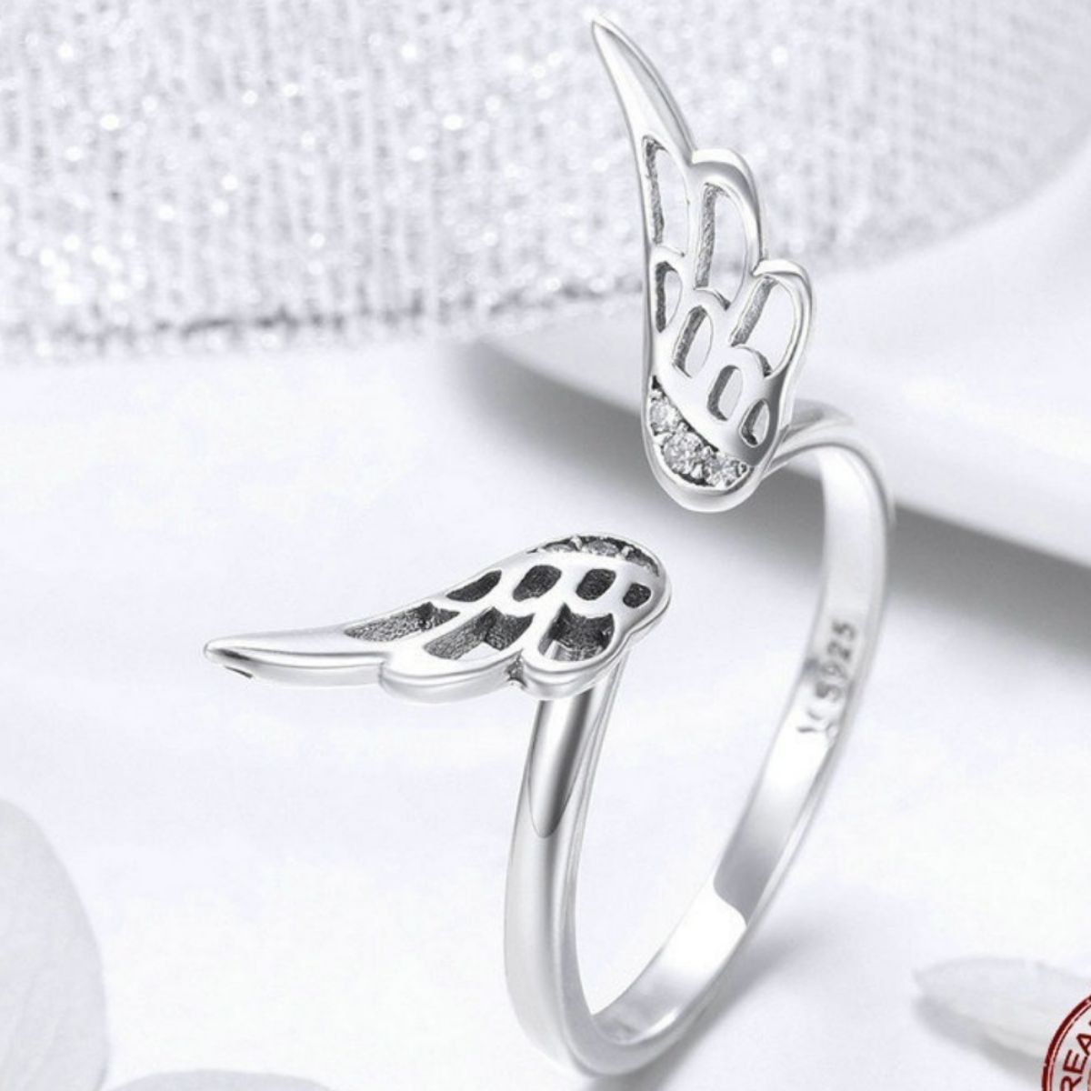 925 Sterling Silver Zircon Angel Wing Open Ring