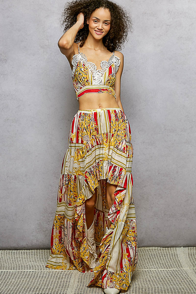 POL Boho Chic Floral Print Crop Top and High-Low Skirt Set