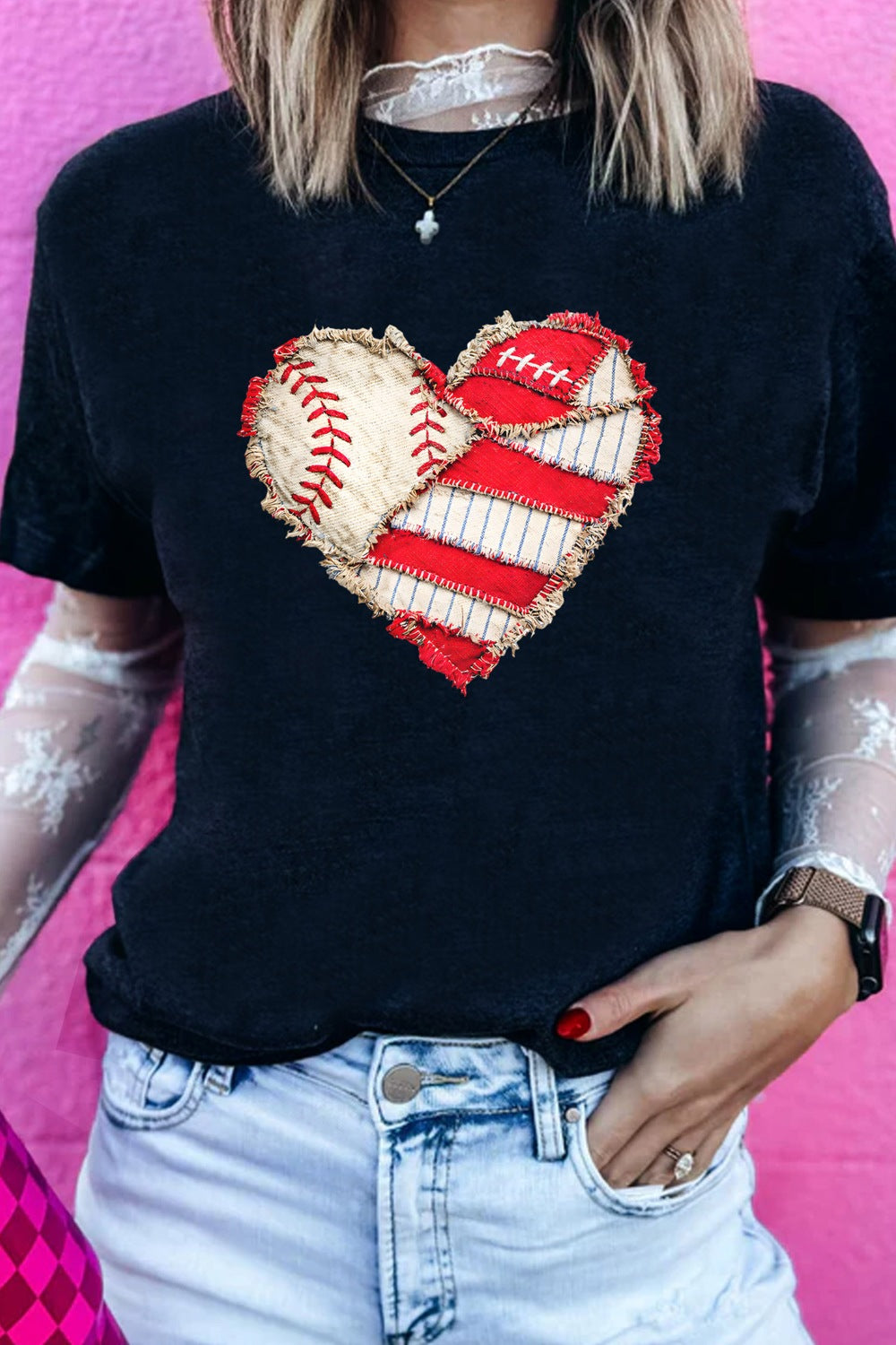 Baseball Distressed Heart Short Sleeve T Shirt