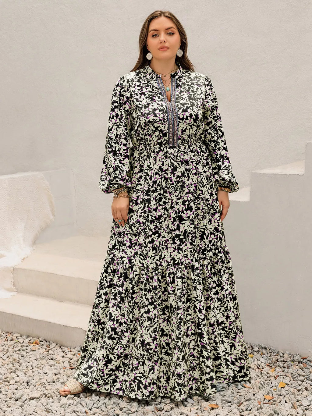 Plus Size Floral Print Long Sleeve Tiered Maxi Dress