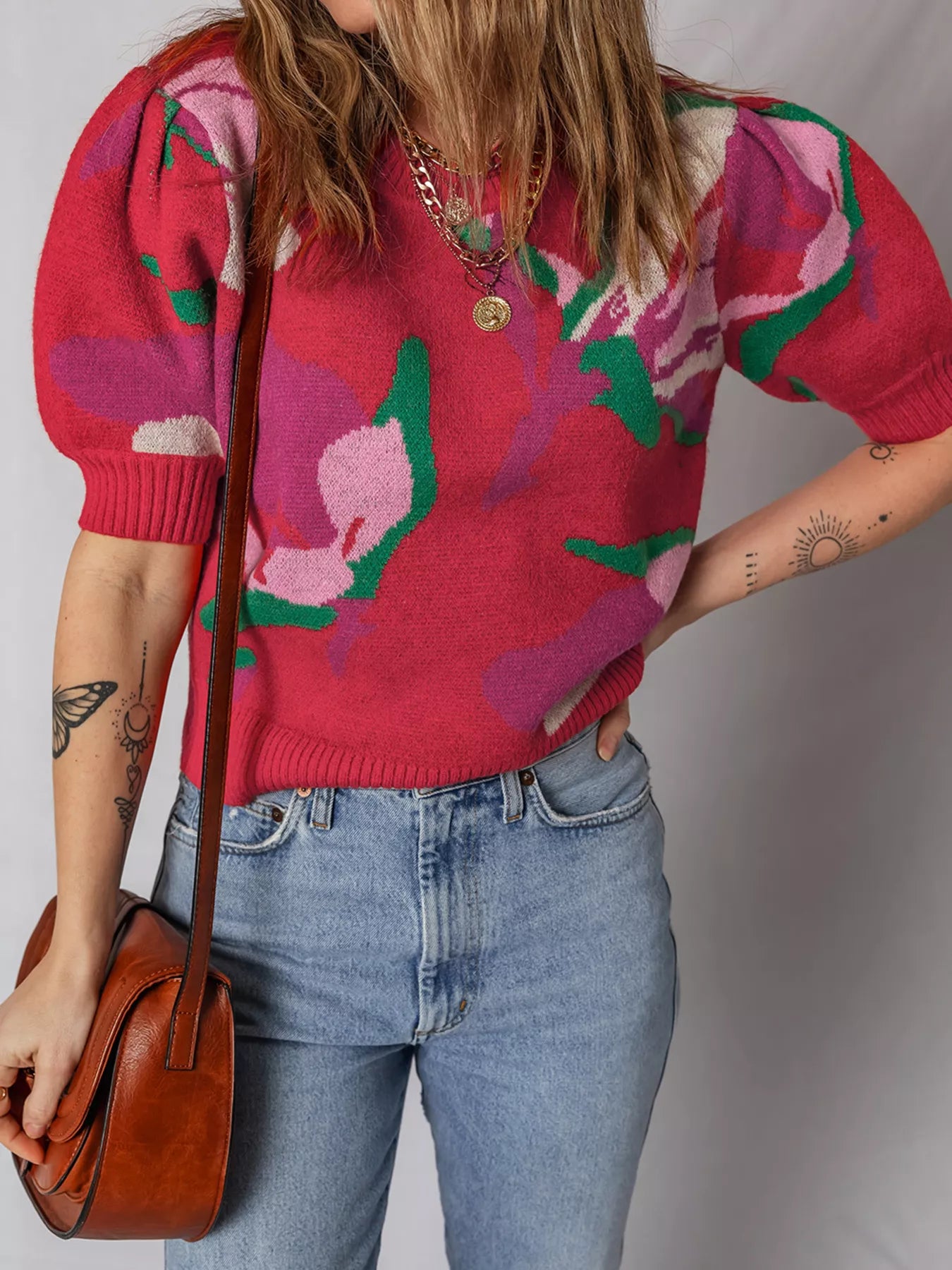 Floral Abstract Print Short Puff Sleeve Sweater