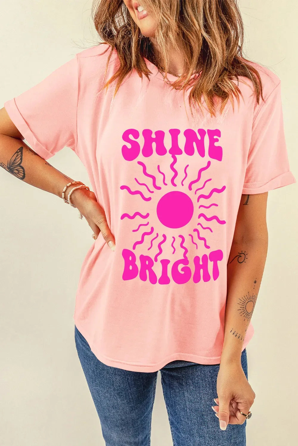 SHINE BRIGHT Round Neck Short Sleeve T-Shirt