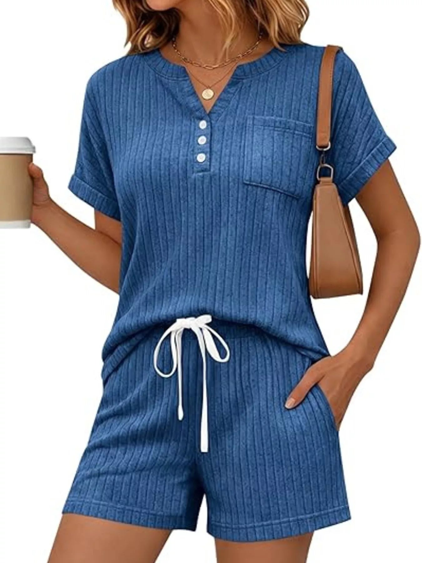 Casual Ribbed Knit Tee and Shorts Set