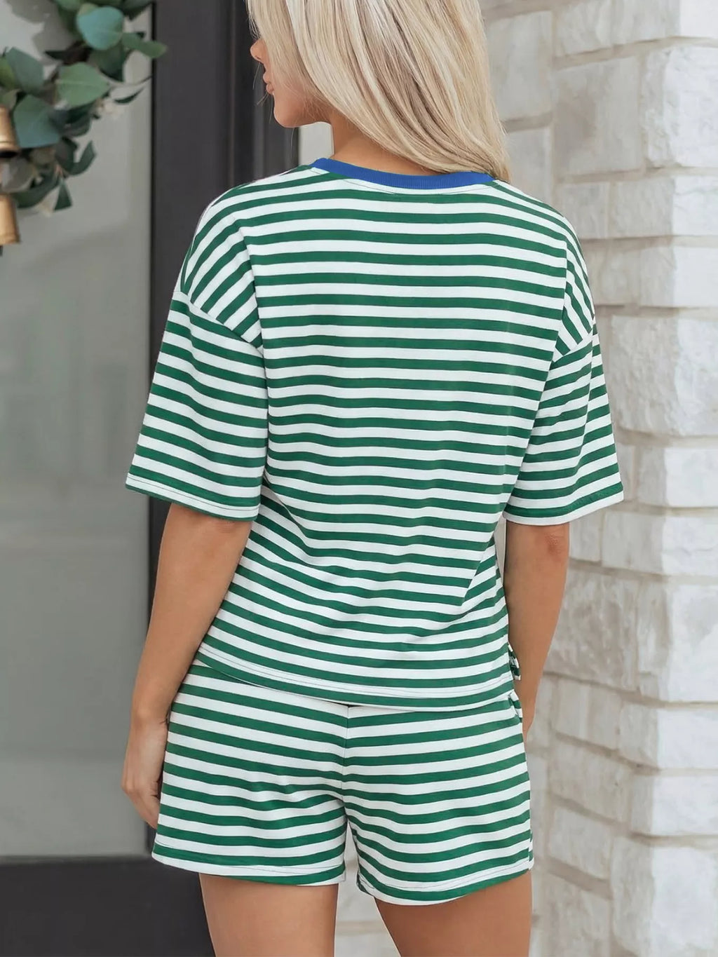 Stripe Boxy Tee and Drawstring Elastic Waist Shorts Set