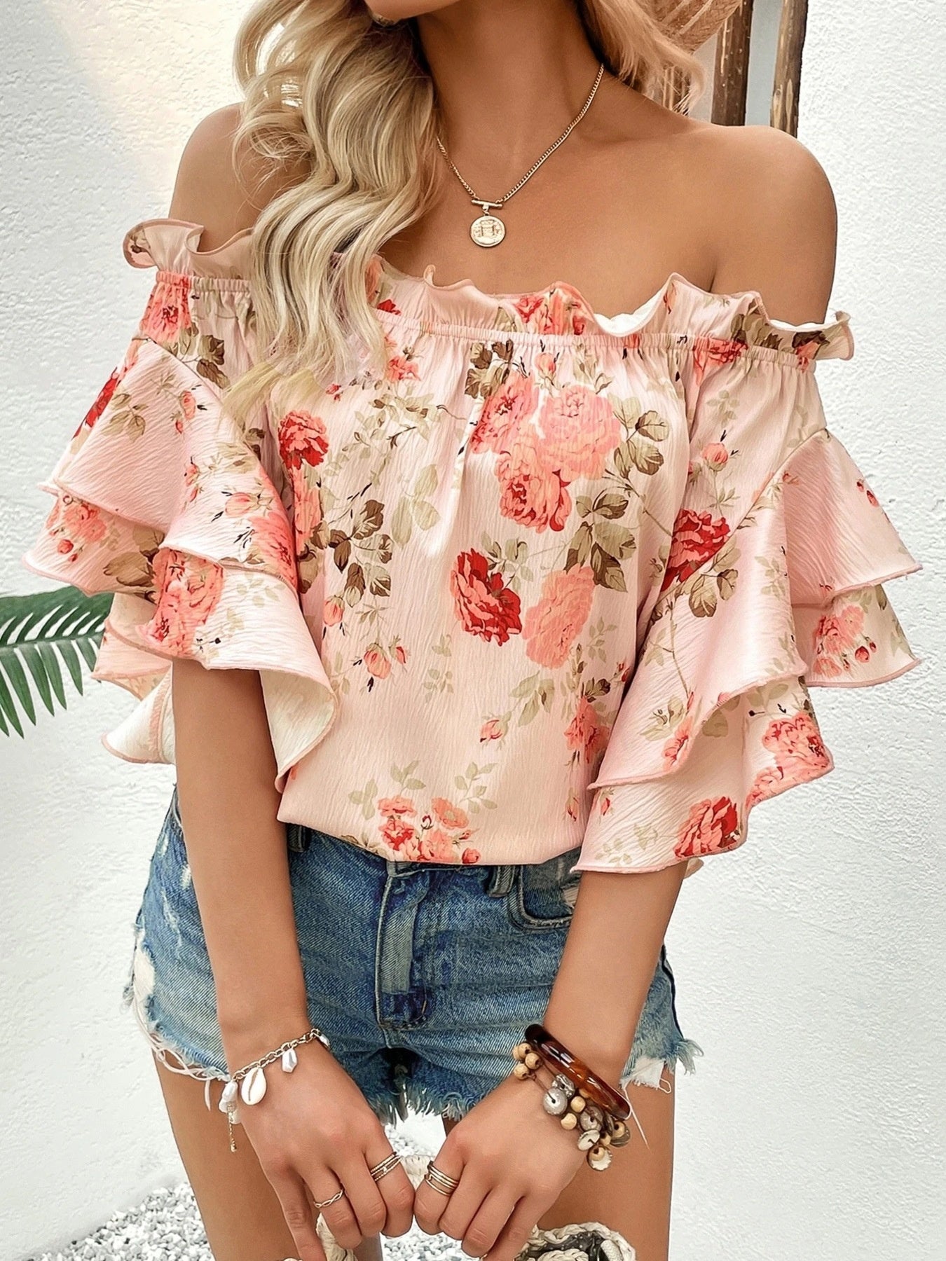Floral Print Ruffle Off Shoulder Blouse