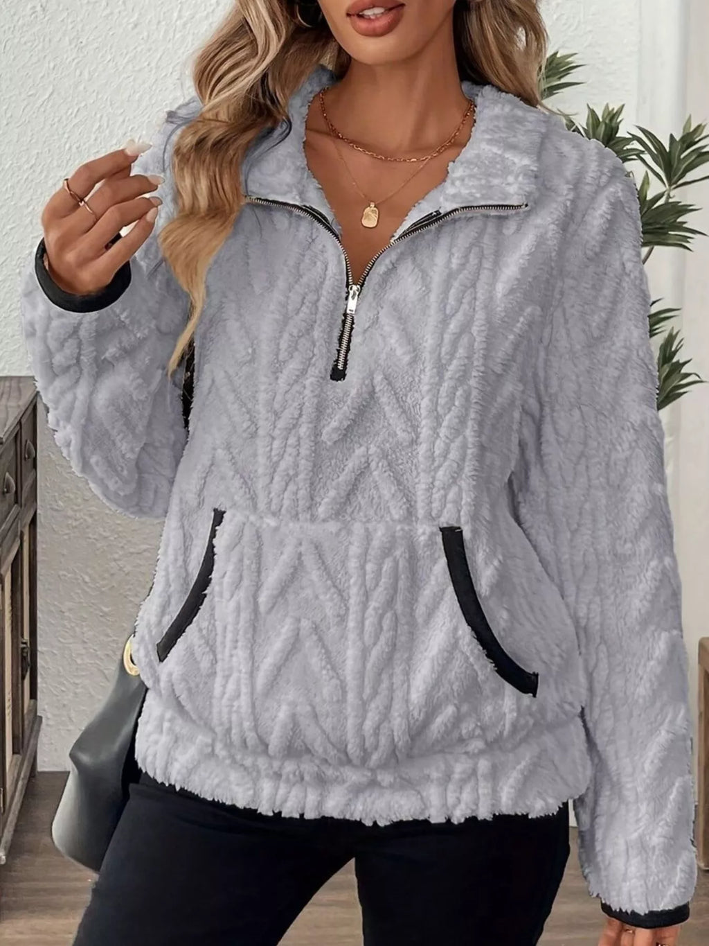 Full Size Half Zip Kangaroo Pocket Sweatshirt Plus Size