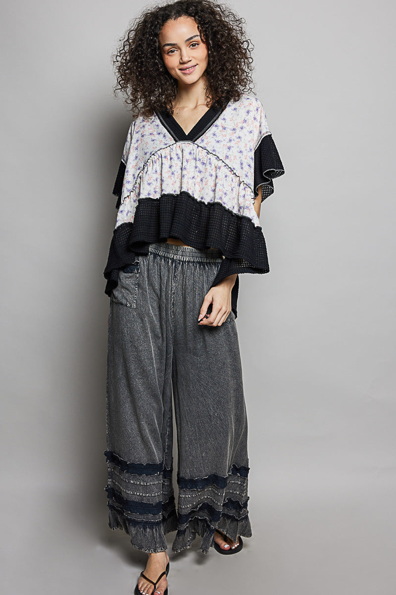POL Floral Print V-Neck Woven Blouse with Gentle Gathers
