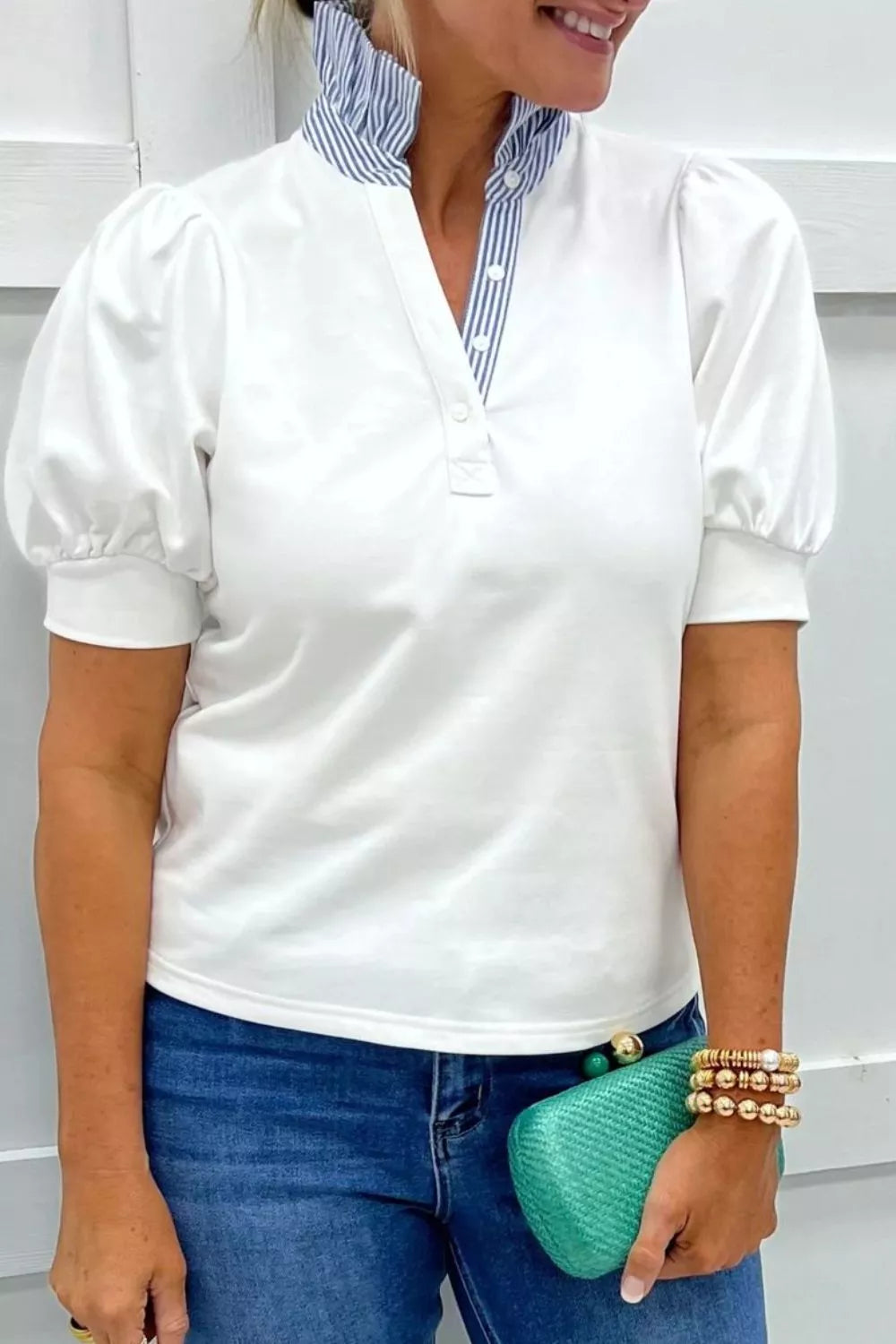 Striped Collar Puff Sleeve Blouse