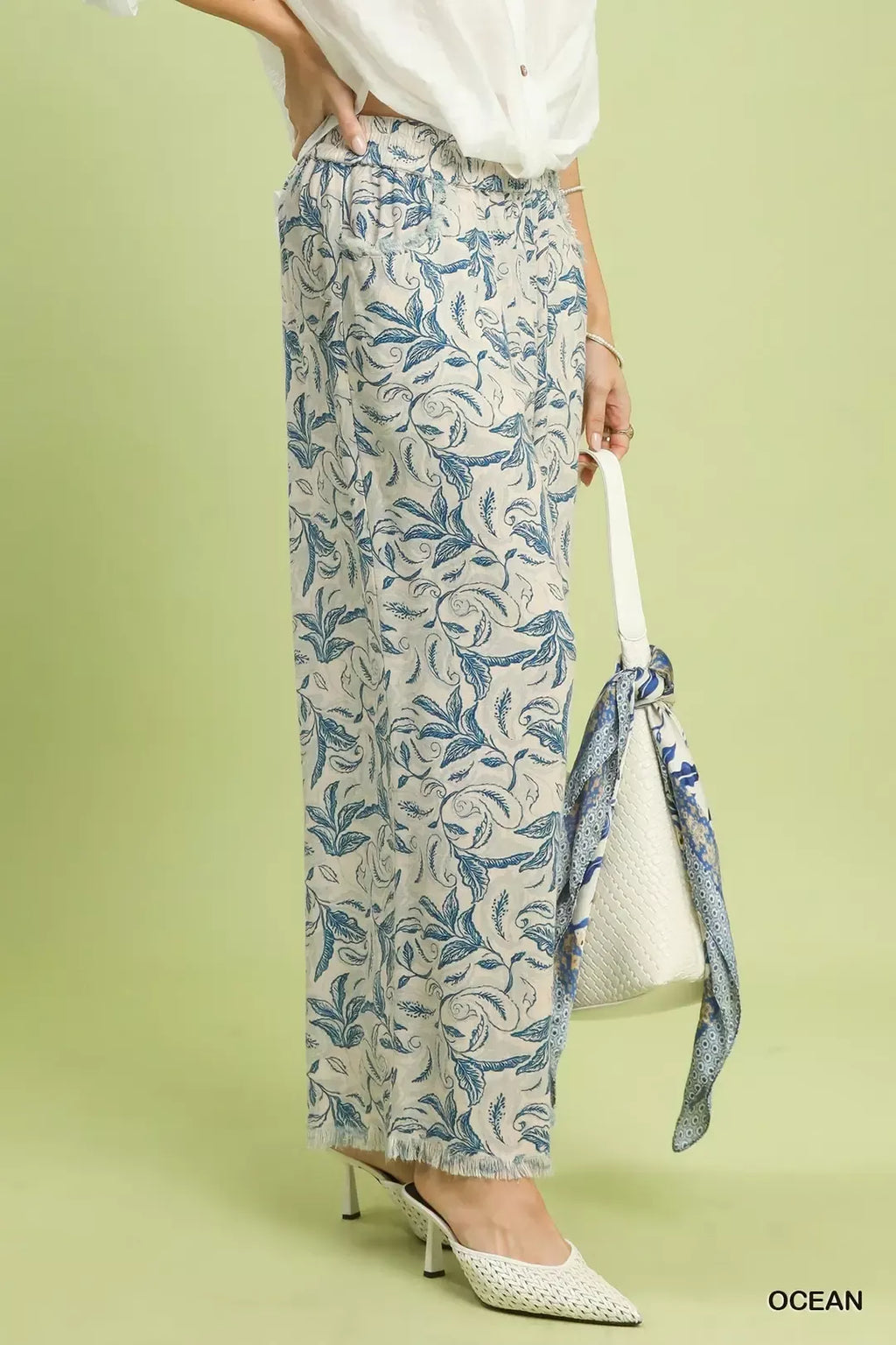 Umgee Linen Printed Wide Leg Raw Hem Pants