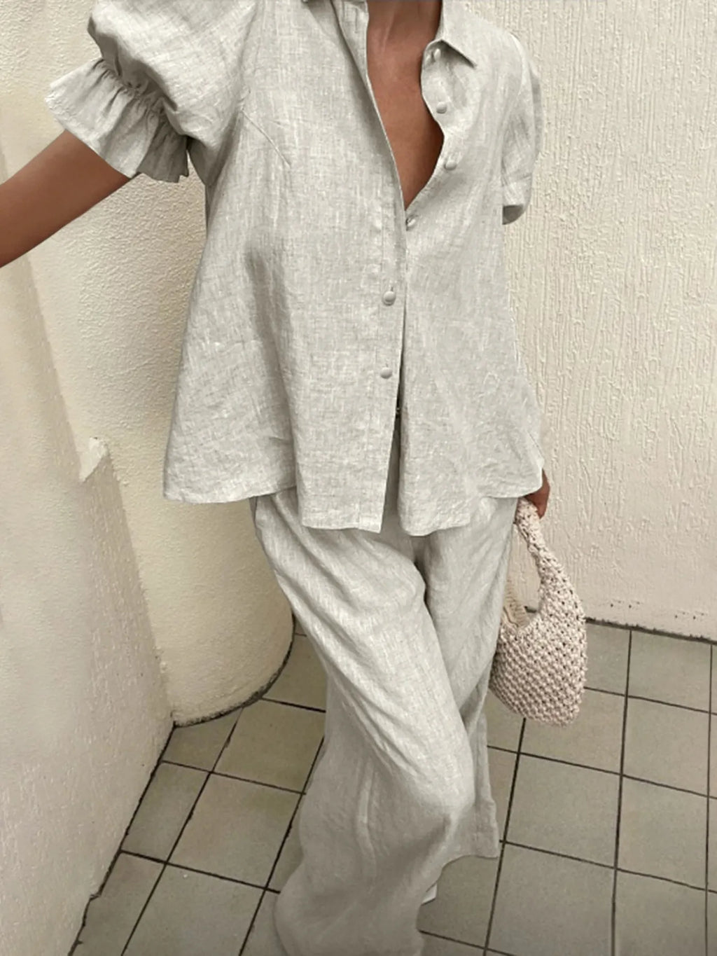 Plus Size Button-Down Shirt and Wide-Leg Pants Set