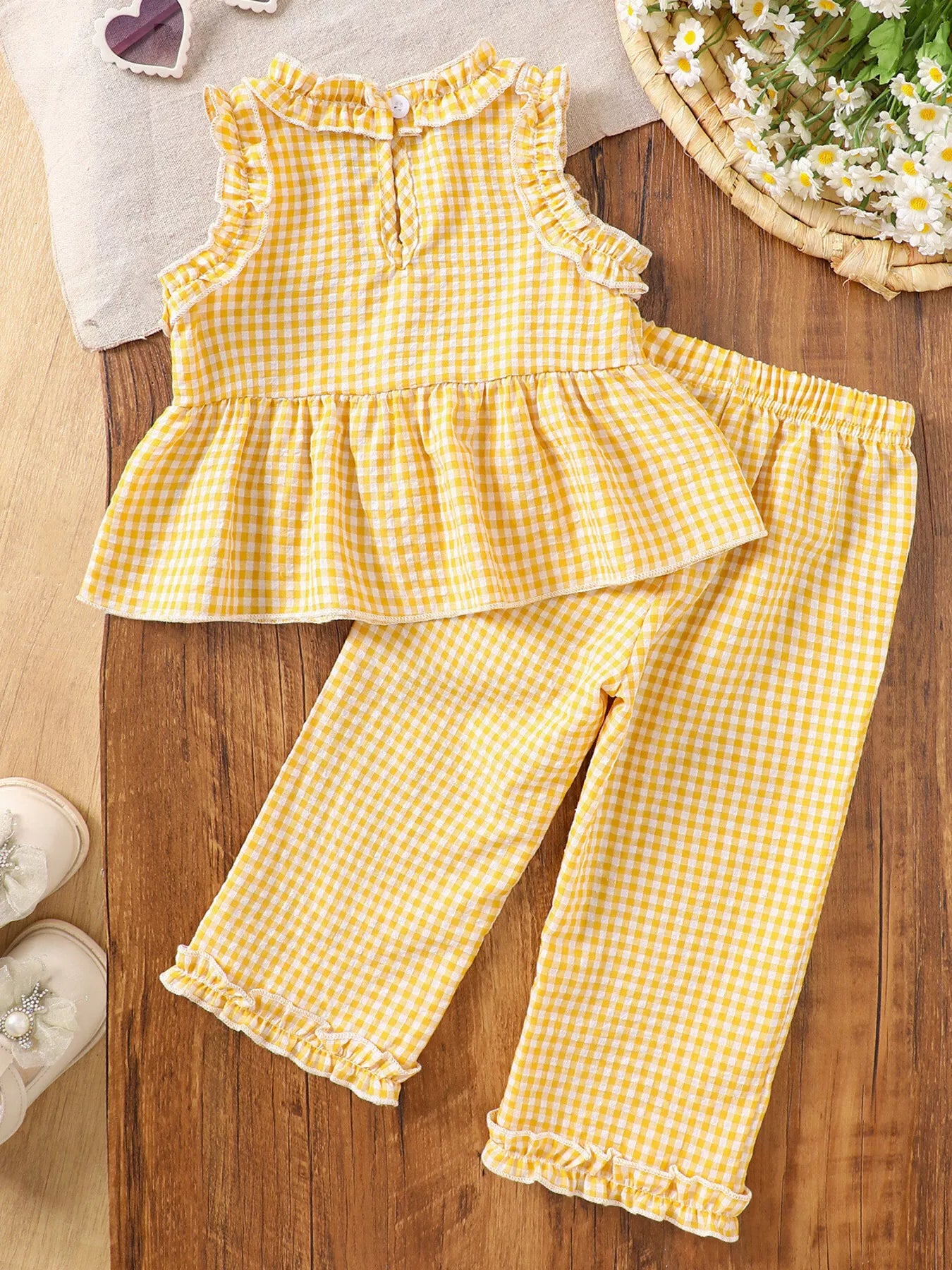 Children's Gingham Ruffle Trim Sleeveless Top & Pants Set