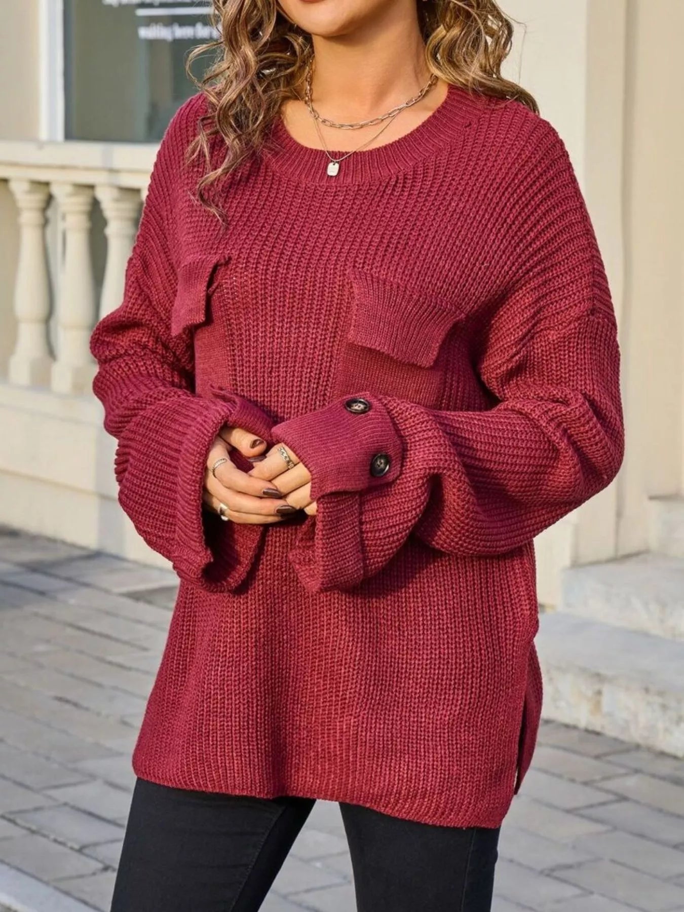 Pocket Detail Round Neck Sweater