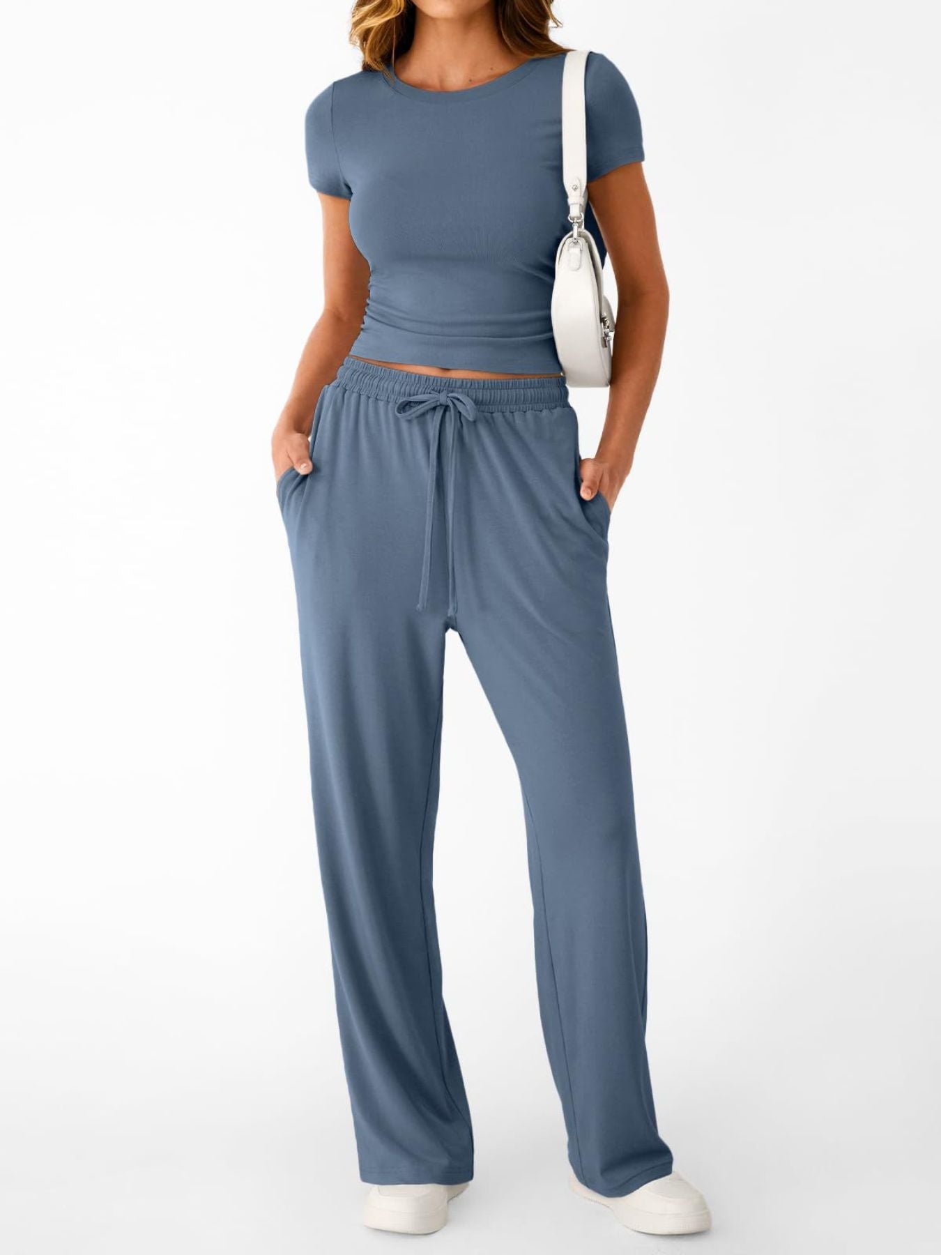 Round Neck Short Sleeve Tee and Pants Set