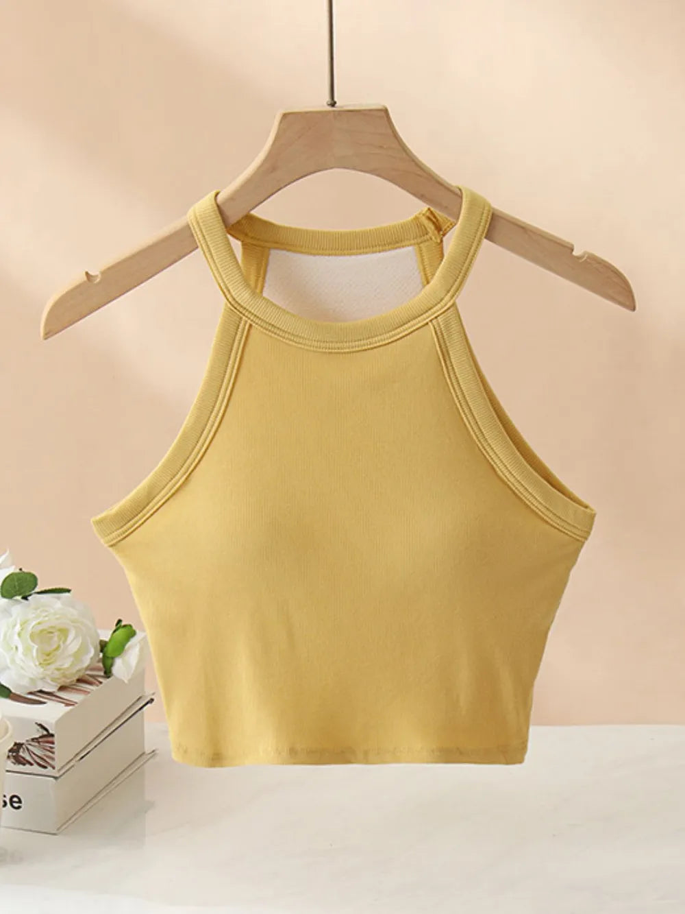 Ribbed Grecian Neck Cropped Tank with Chest Pads