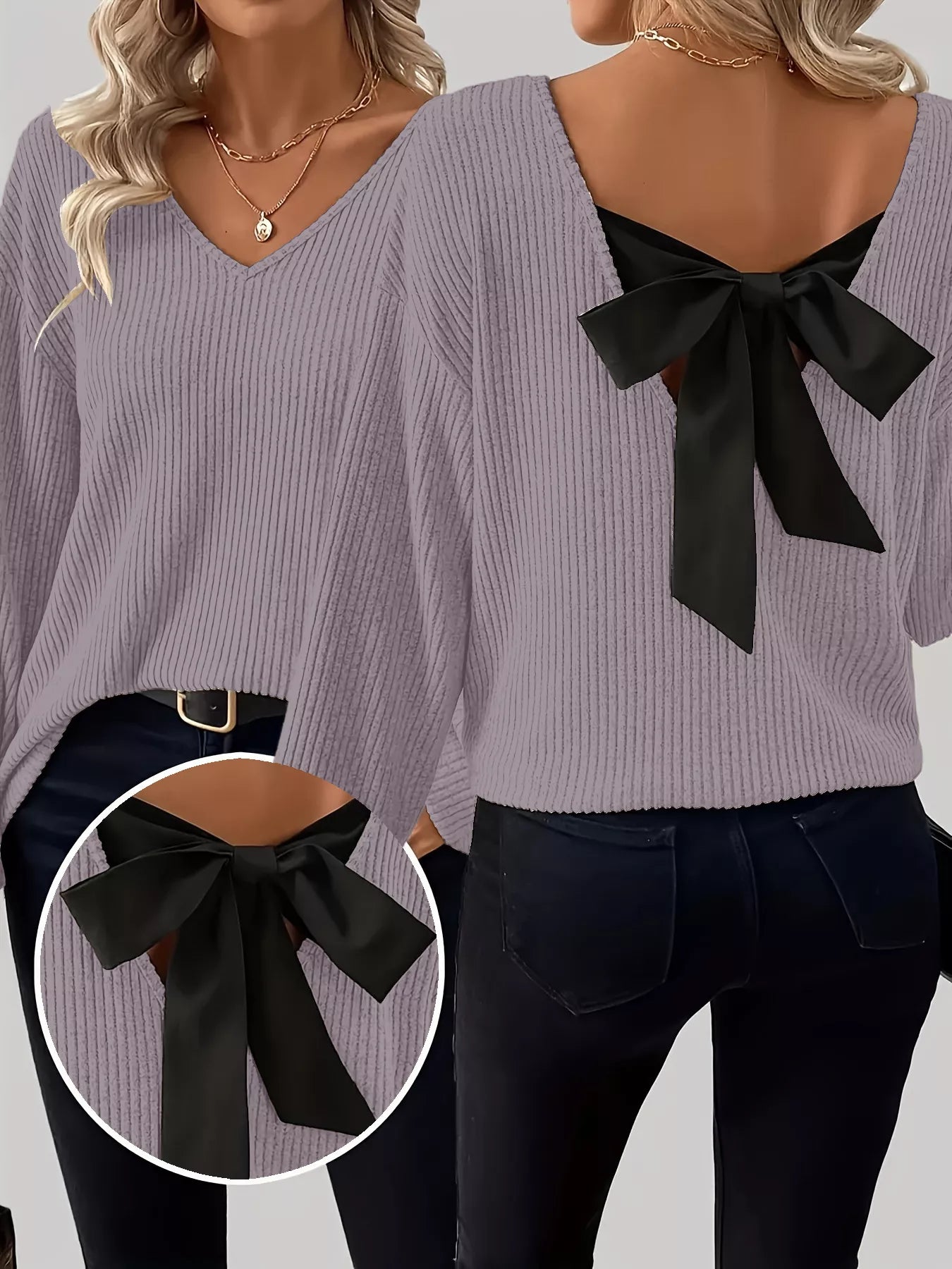 Full Size Ribbed Knit Backless Bow T-Shirt Plus Size