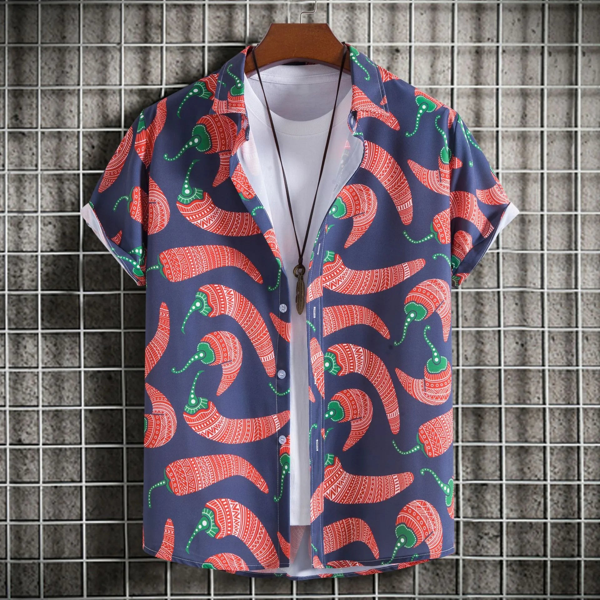 Men's Plus Size Chili Print Hawaiian Beach Shirt