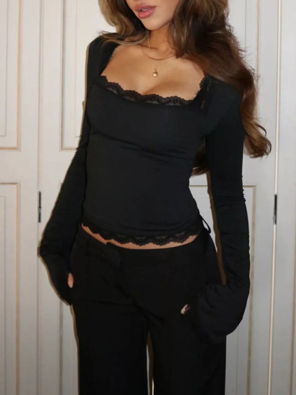 Lace Trim Square Neck Long Sleeve Top