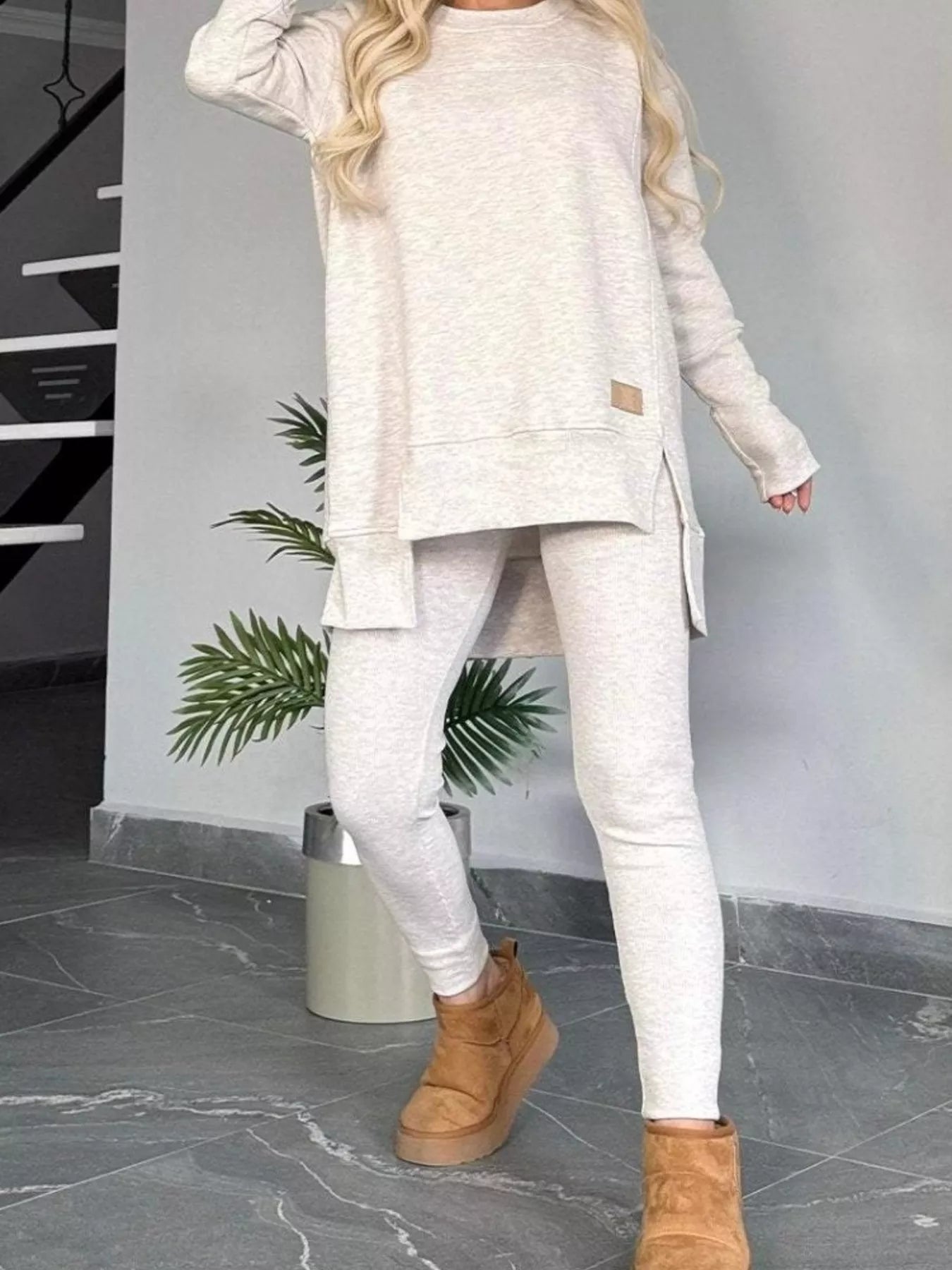 Full Size Slit Round Neck Top and Pants Set Plus Size