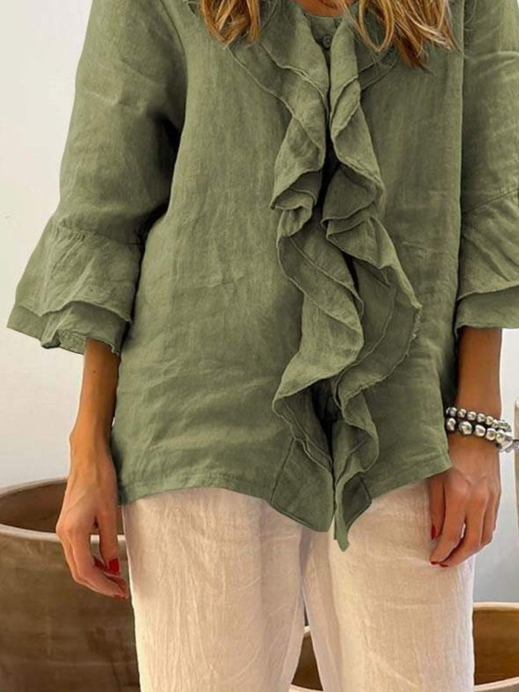 Full Size Ruffle Trim 3/4 Sleeve Blouse Plus Size
