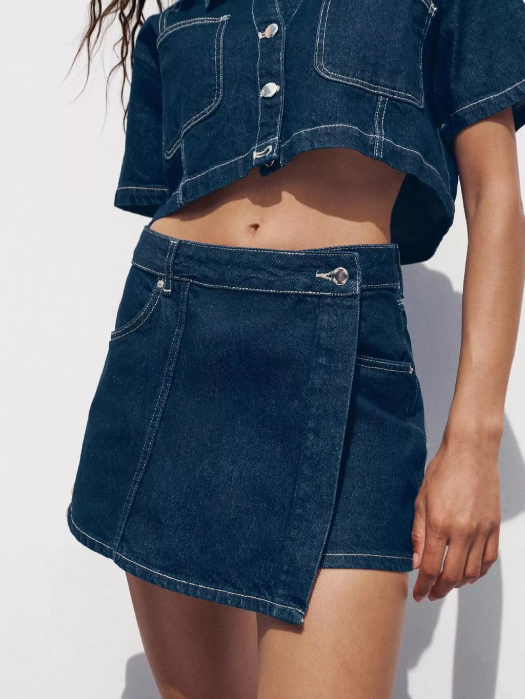 Button Up Short Sleeve Top and Skort Denim Set