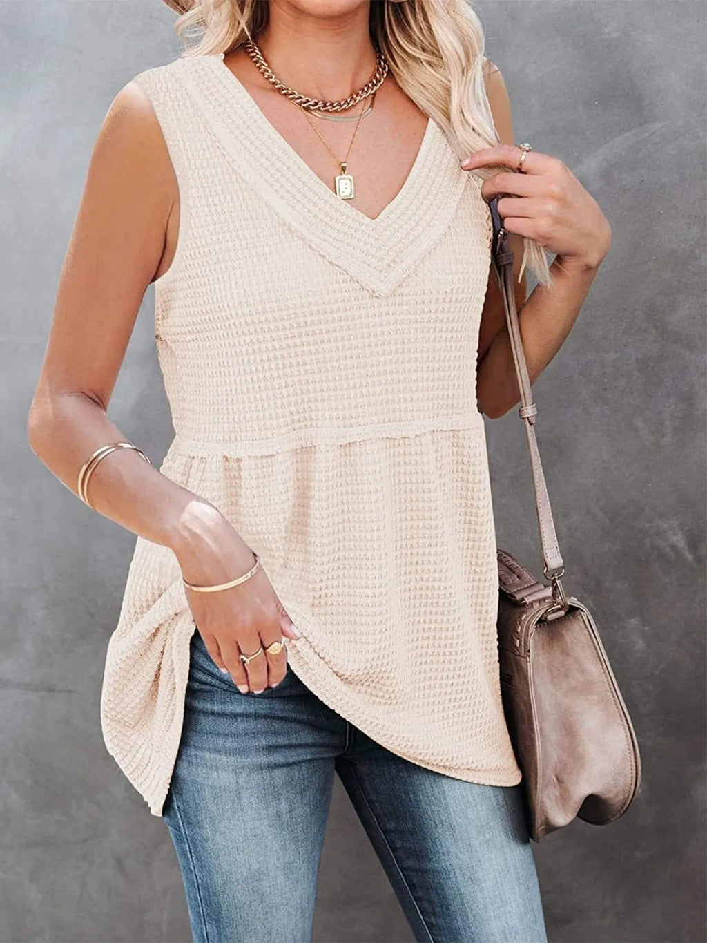 V-Neck Waffle Knit Tank Top with Contrast Stitching