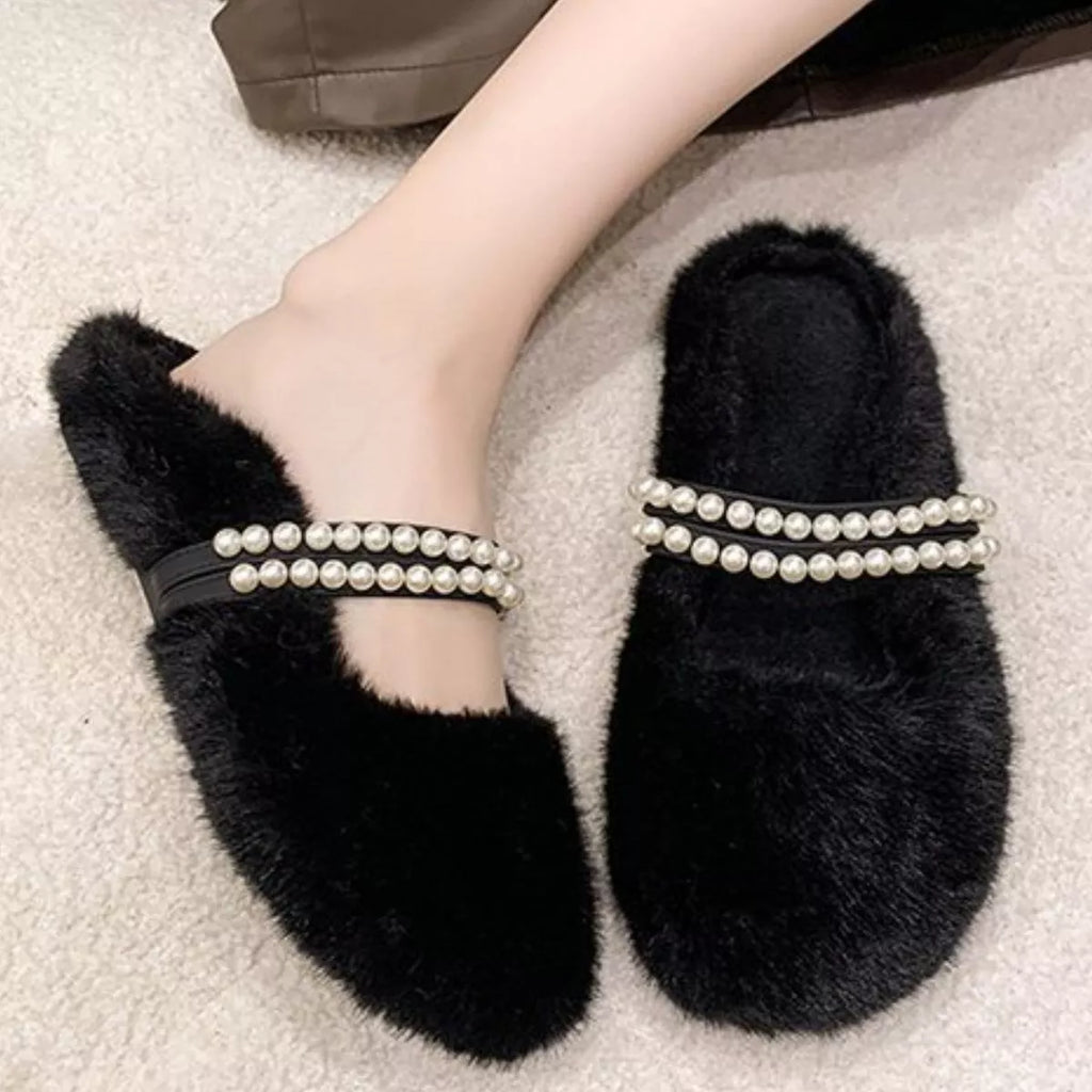 Pearl Embellished Plush Slippers