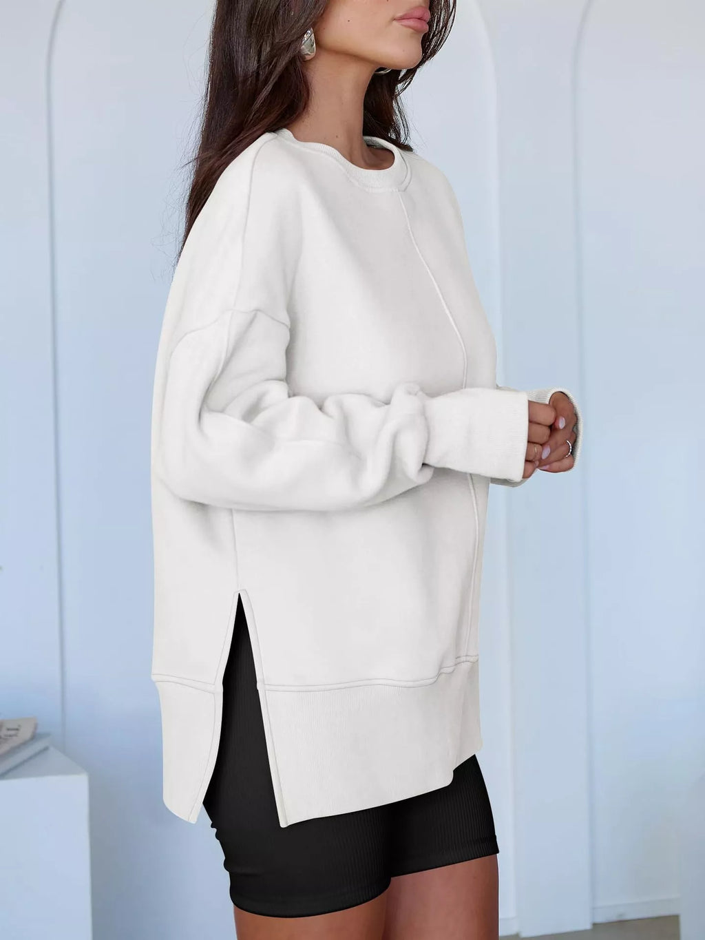Side Slit Round Neck Long Sleeve Sweatshirt