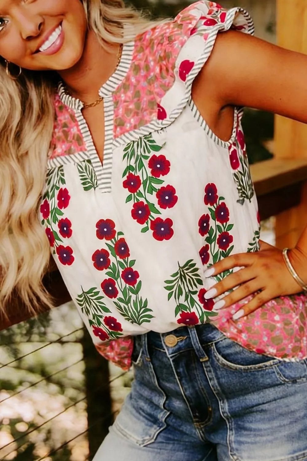 Floral Print Contrast Striped Trim Flutter Cotton Blouse