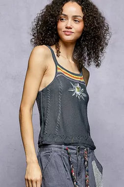 POL Embroidered Floral Square Neck Knit Cami