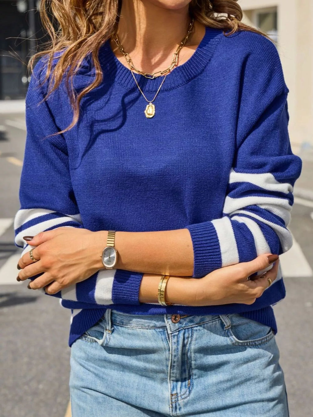 Striped Trim Crew Neck Sweater