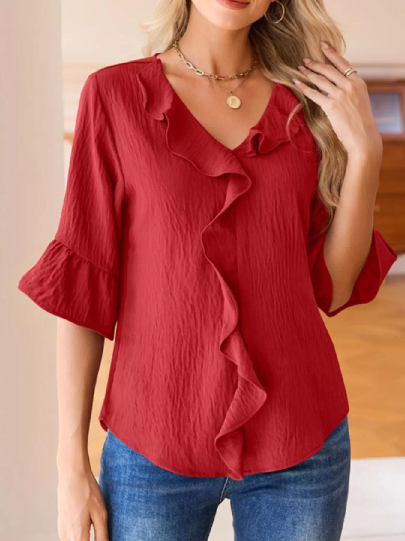 Ruffle Trim V-Neck Blouse