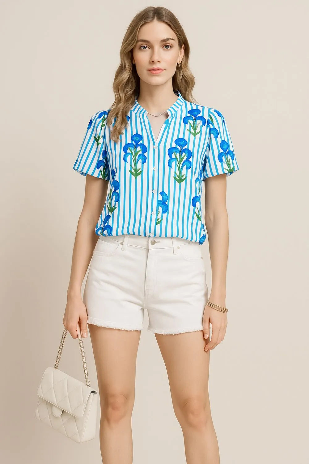 Stripe Floral Notched Neck Puff Sleeve Summer Blouse
