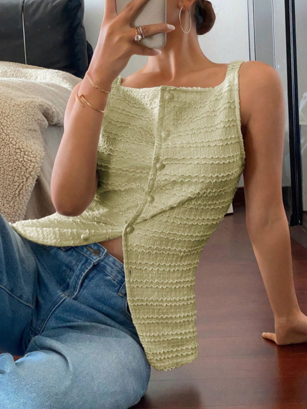 Textured Button-Front Tank
