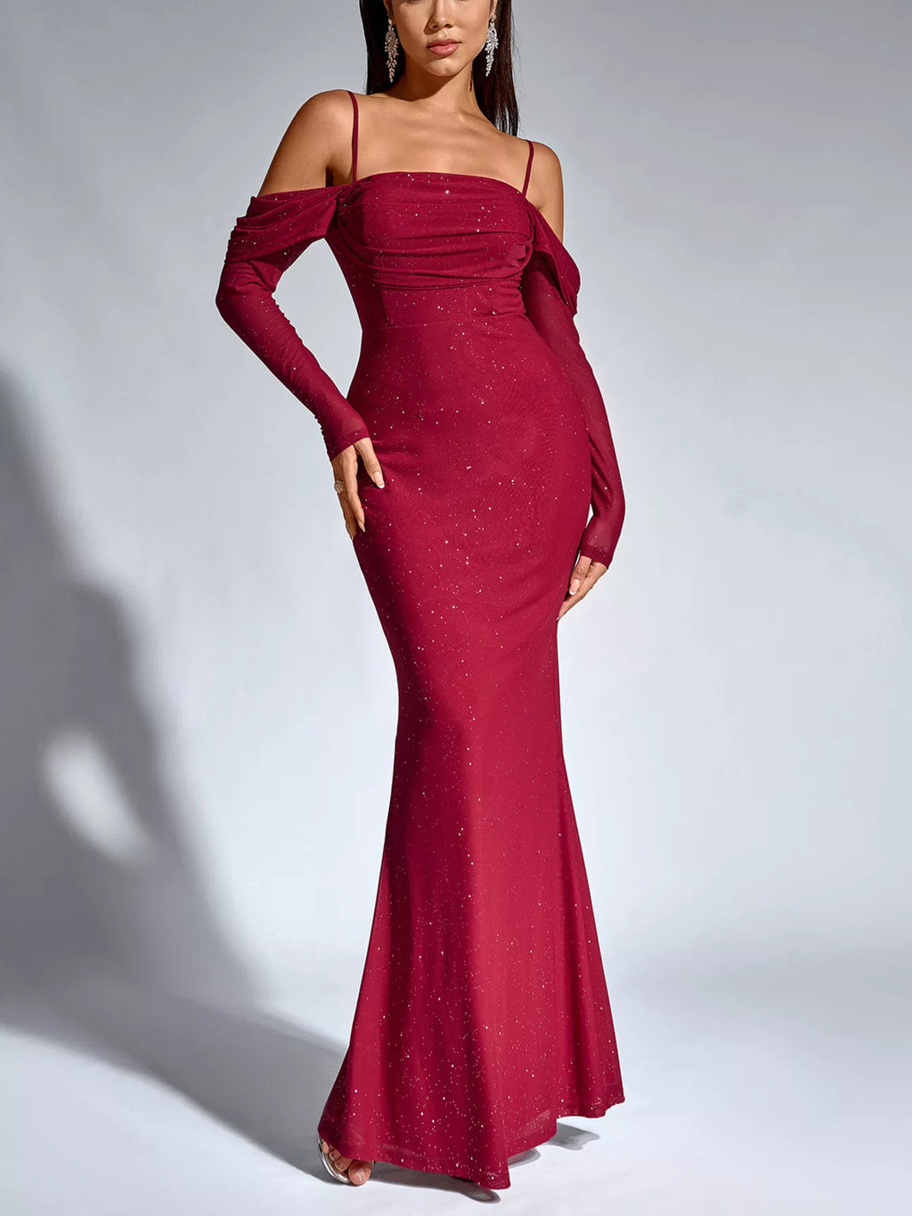 Glitter Ruched Long Sleeve Mermaid Maxi Dress