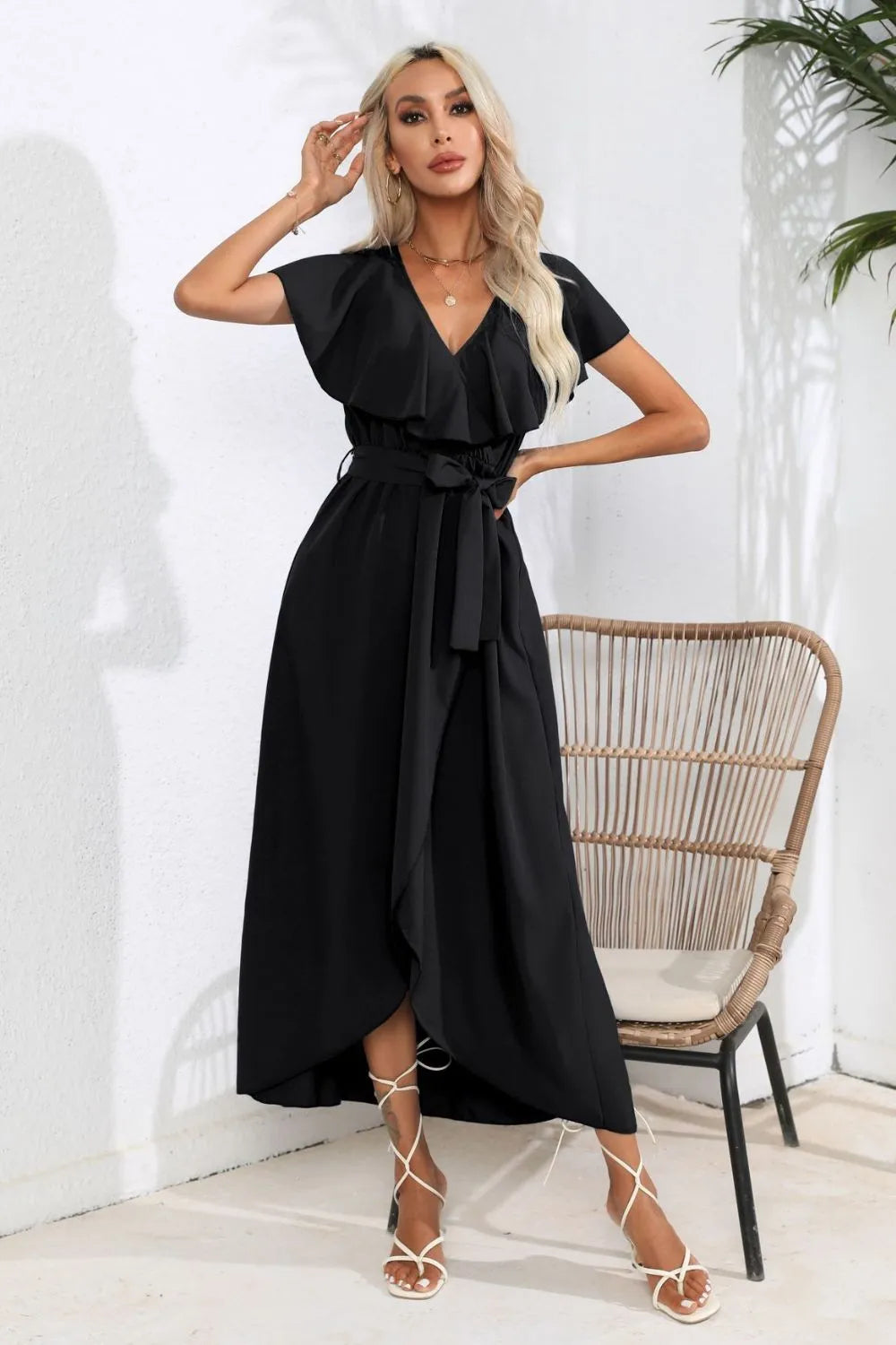 Tied Front Ruffled Short Sleeve Midi Dress