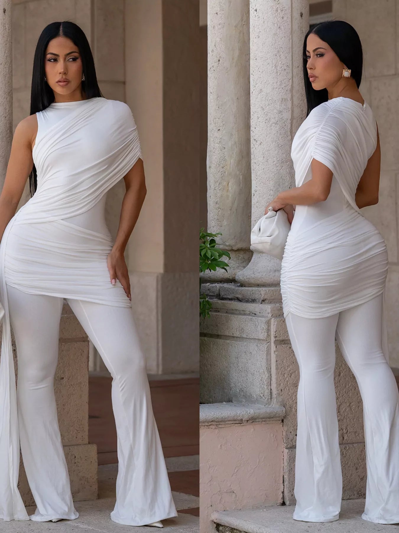 Ruched One-Shoulder Flare Leg Jumpsuit