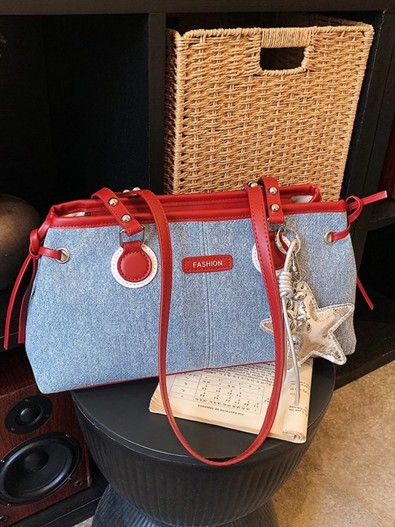 Denim Shoulder Bag with Star Charm