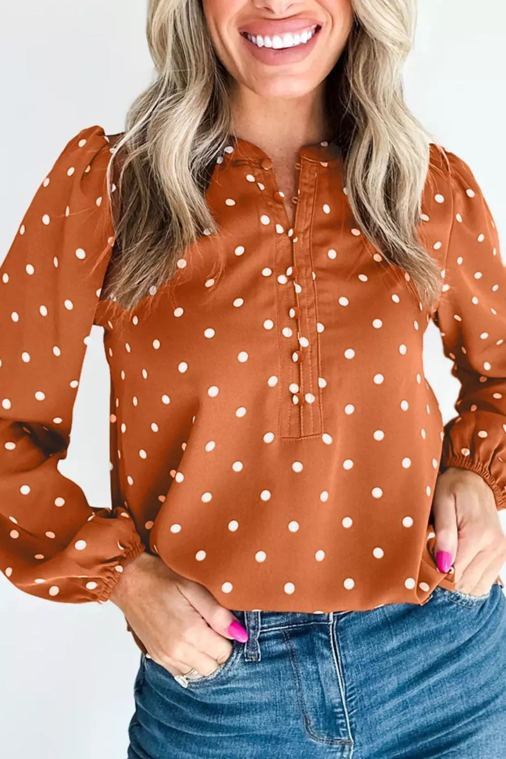 Polka Dot Half Button V Neck Long Sleeve Blouse