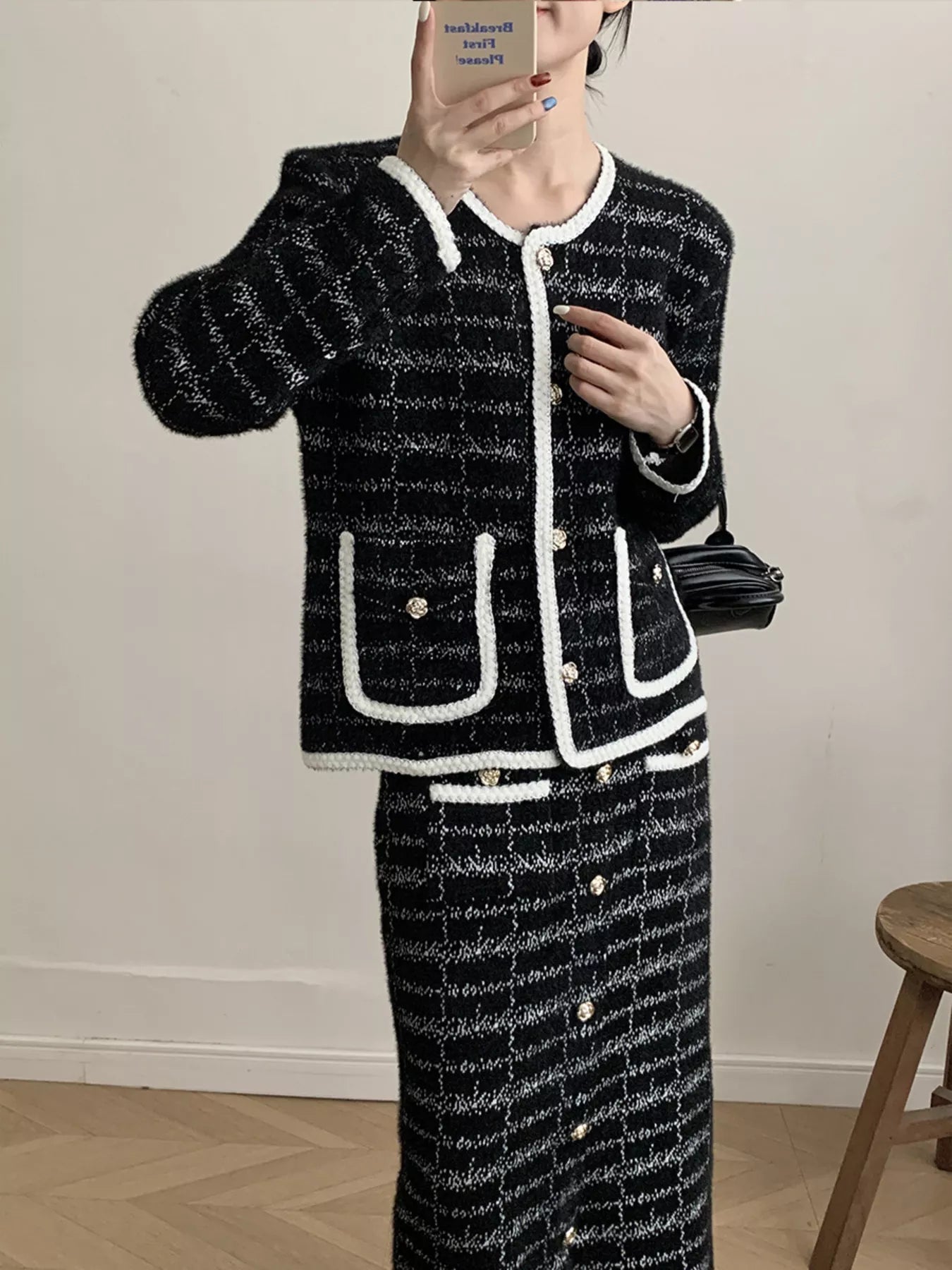 Tweed Contrast Trim Jacket and Skirt Set