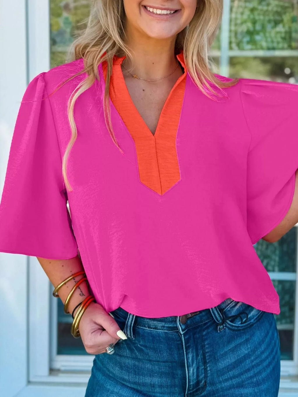 Notched Half Sleeve Blouse