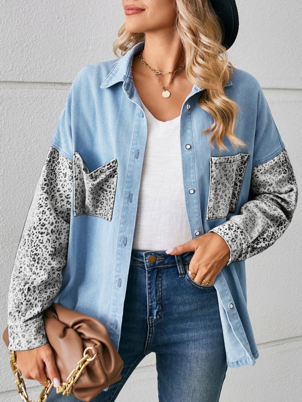 Leopard Patchwork Button Up Denim Shirt