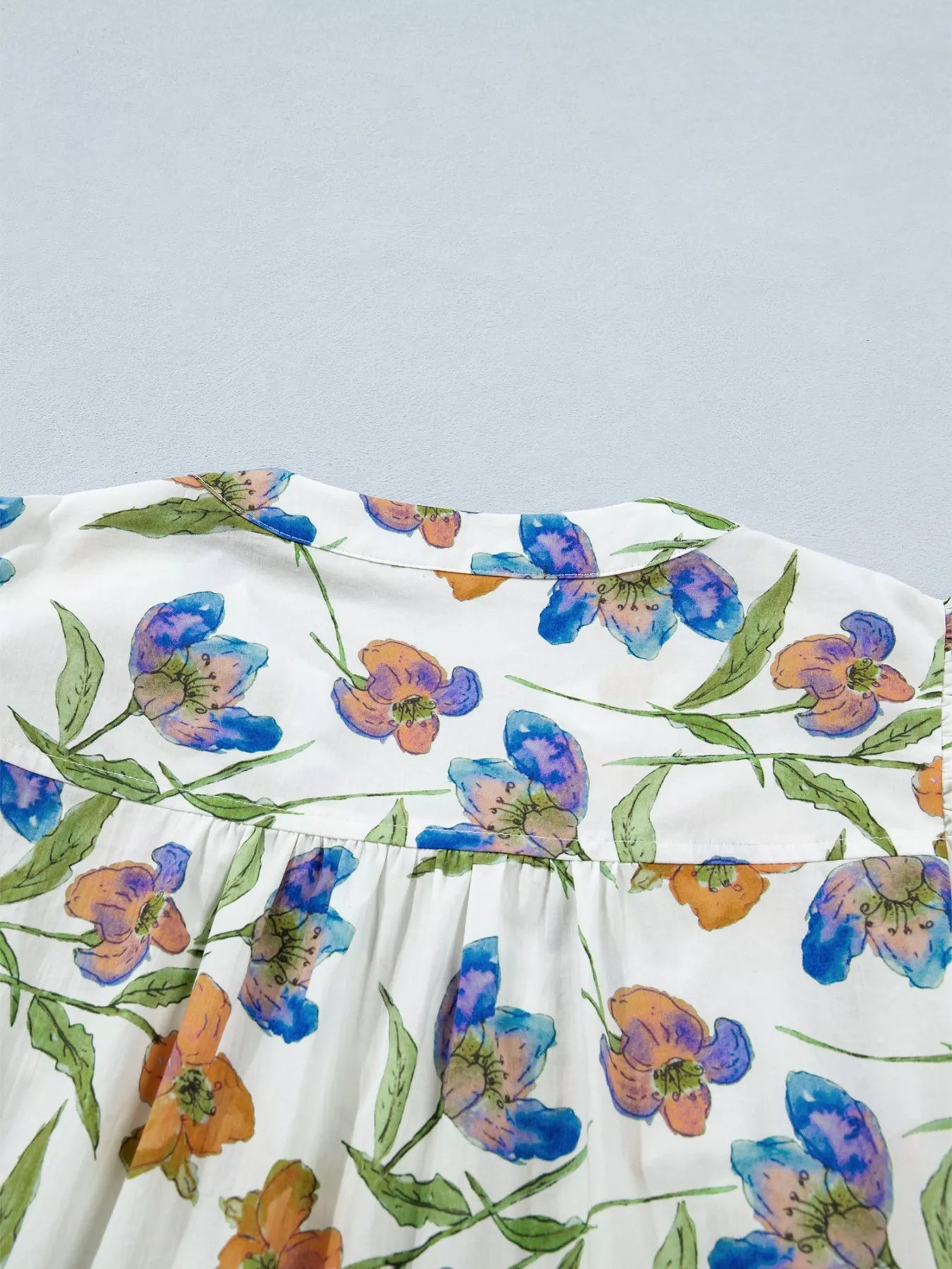Floral Print Ruffle V-Neck Pressed Pleats Binding Tape Cotton Blouse