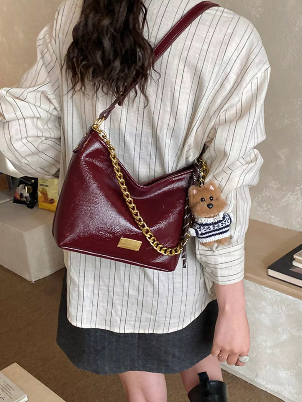 Chain Decor Shoulder Bag with Bear Charm