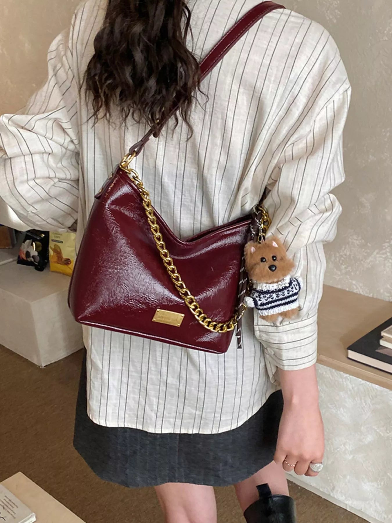 Chain Decor Shoulder Bag with Bear Charm