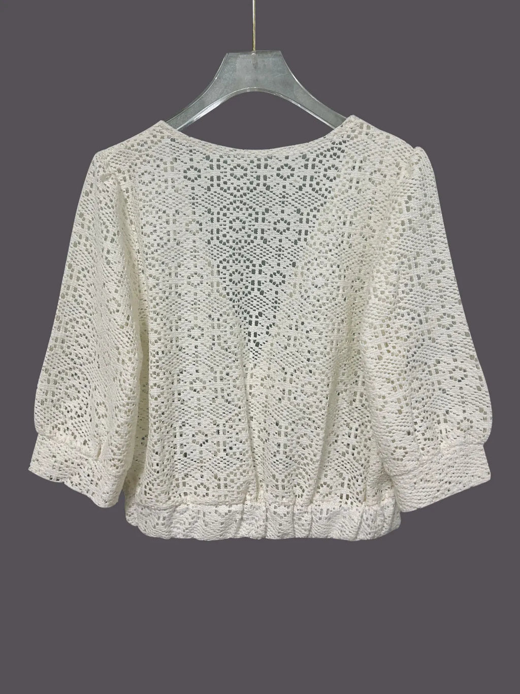Ruched V-Neck Openwork Crop Knit Top