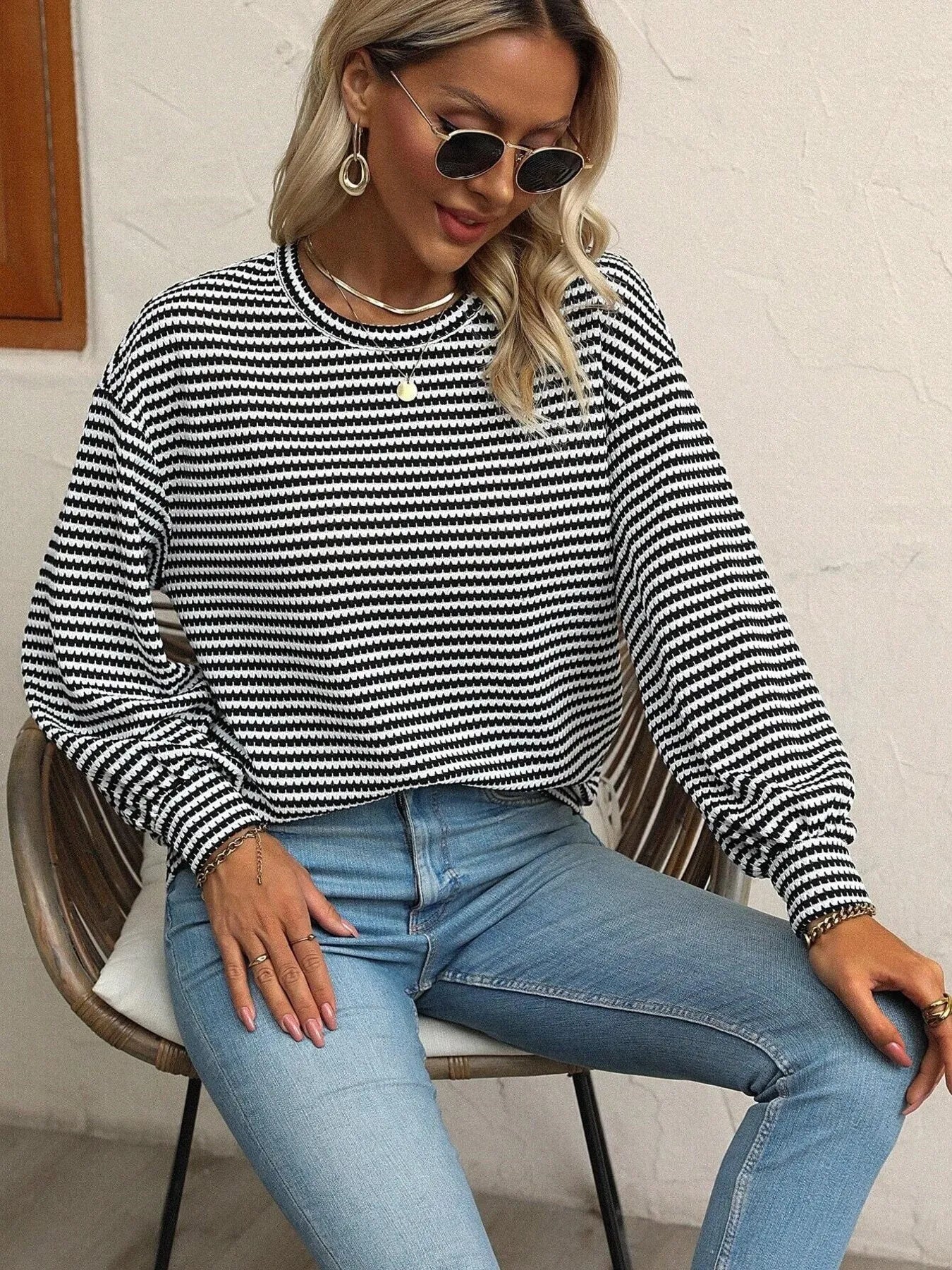 Striped Round Neck Lantern Sleeve Top