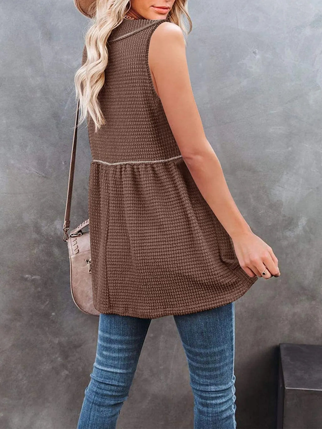 V-Neck Waffle Knit Tank Top with Contrast Stitching