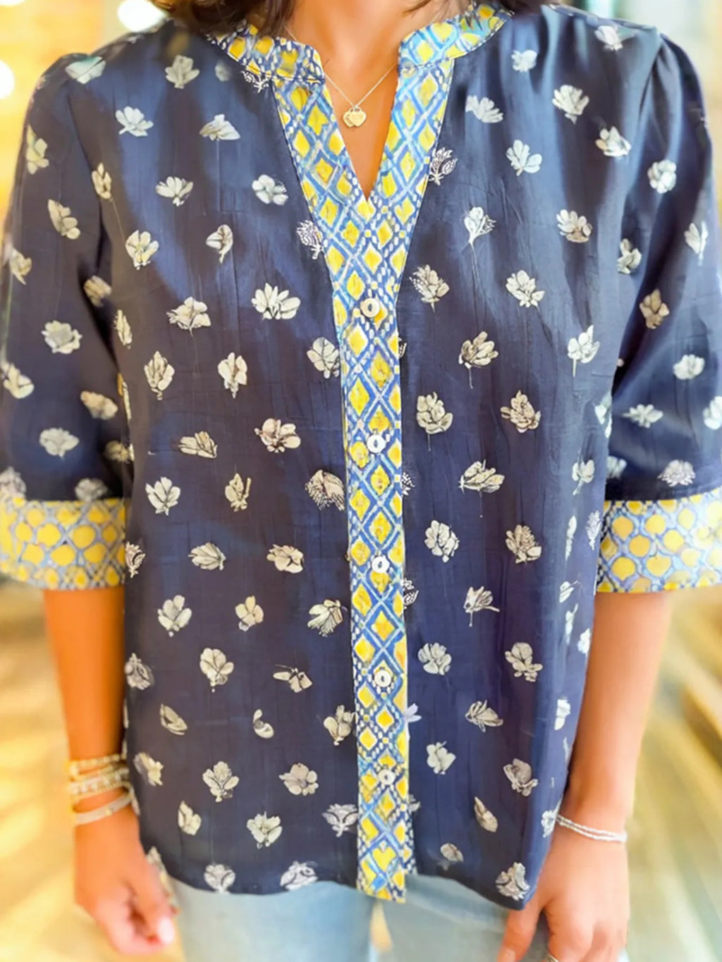 Floral Print Half Sleeve Contrast Trim Blouse